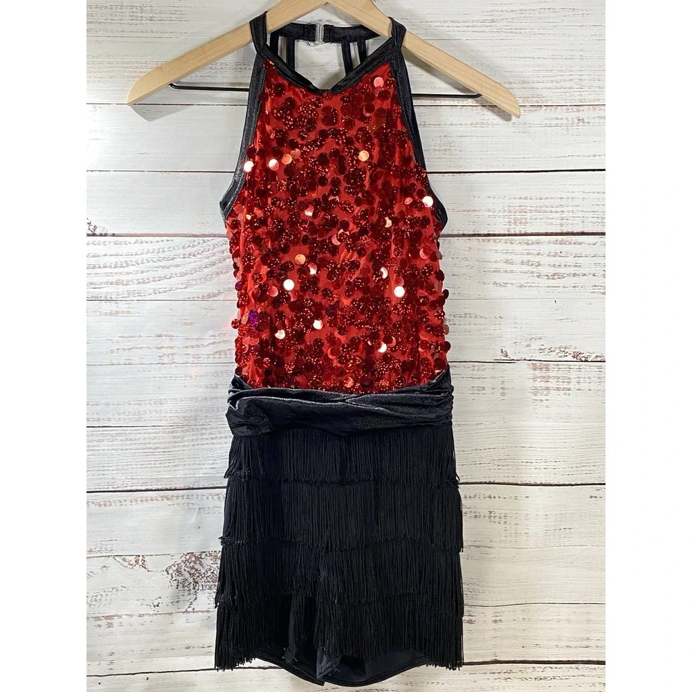 Weissman Red Sequence Black‎ Fringe Dance Costume 